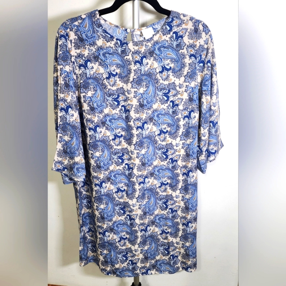 H&M BLUE AND BEIGE PAISLEY PRINT MINI DRESS 12.